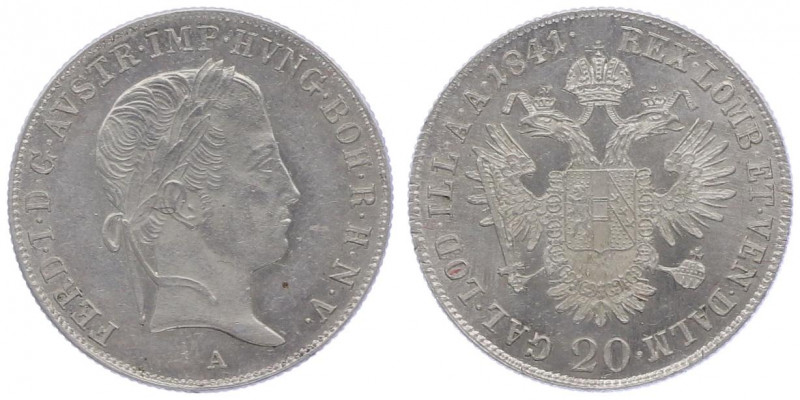 Ferdinand I. 1835 - 1848
20 Kreuzer, 1841 A. Wien
6,69g
Fr. 813
f.stgl