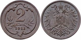 Franz Joseph I. 1848 - 1916
2 Heller, 1911. Wien
3,32g
Fr. 2027
vz/stgl