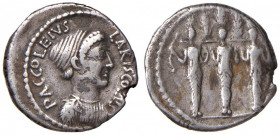 Accoleia - P. Accoleius Lariscolus - Denario (43 a.C.) Busto di Acca Larentia a d. - R/ Le tre statue delle ninfe Querquetulanee - B. 1; Cr. 486/1 AG ...