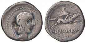 Calpurnia - L. Calpurnius Piso Frugi - Denario (90 a.C.) Testa di Apollo a d. - R/ Cavaliere al galoppo a d. con ramo di palma - B. 11; Cr. 340/1 AG (...