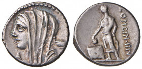 Cassia - L. Cassius Longinus - Denario (63 a.C.) Testa di Vesta a s. - R/ Cittadino votante a s. - B. 10; Cr. 413/1 AG (g 3,88) Inizi di patina irides...