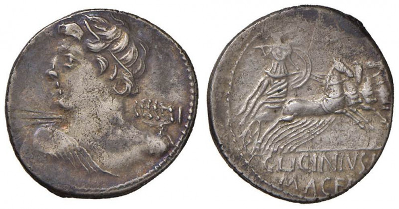 Licinia - C. Licinius L. f. Macer - Denario (84 a.C.) Busto di Apollo a s. - R/ ...