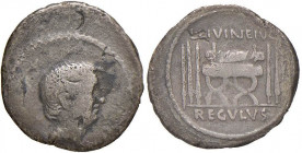 Livineia - L. Livineius Regulus - Denario (42 a.C.) Testa di Livineio Regolo a d., senza leggenda - R/ Sedia curule tra due fasci - B. 8; Cr. 494/28 A...