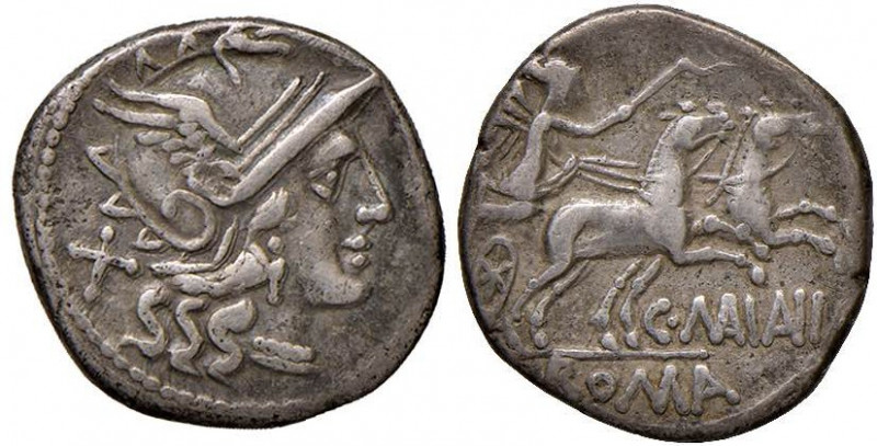 Maiania - C. Maianius - Denario (153 a.C.) Testa di Roma a d. - R/ La Vittoria s...