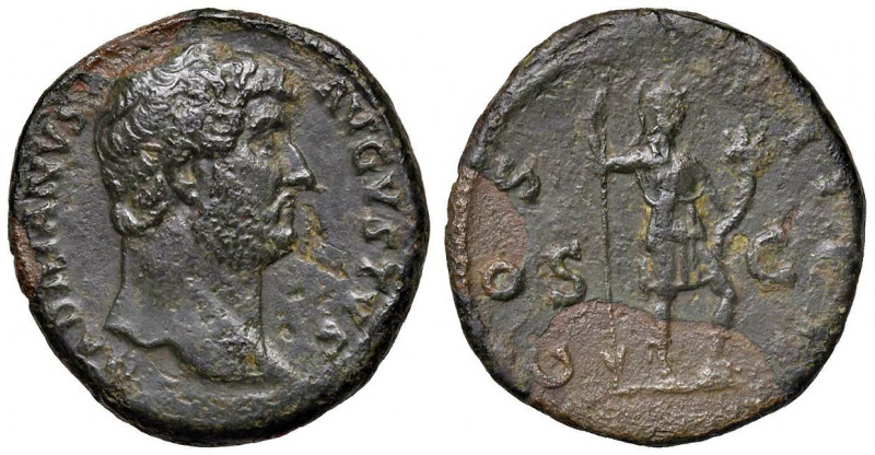Adriano (117-138) Asse - Testa nuda a d. - R/ Roma elmata a d. - RIC 716 AE (g 1...