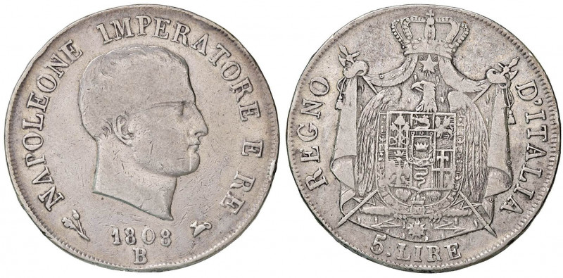 Napoleone (1805-1814) Bologna - 5 Lire 1808 bordo in rilievo - Gig. 96 AG (g 24,...