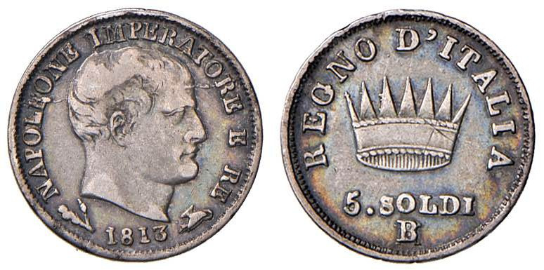 Napoleone (1805-1814) Bologna - 5 Soldi 1813 B su M - Gig. 194a AG (g 1,23) RR G...
