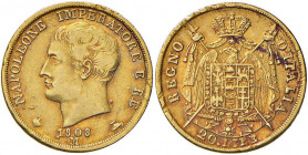 Napoleone (1805-1814) Milano - 20 Lire 1808 puntali aguzzi - Gig. 84 AU (g 6,43) Patina rossiccia, macchie al R/
BB/BB+