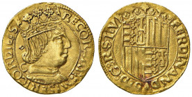 NAPOLI Ferdinando I d’Aragona (1458-1494) Ducato sigla C - MIR 64/6 AU (g 3,52) R Ondulazione del tondello. Nel campo del D/, dietro la testa, un simb...