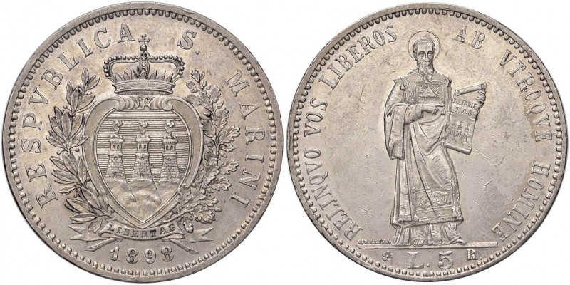 SAN MARINO 5 Lire 1898 - Gig. 17 AG (g 25,00) Minimo colpetto al bordo, consueti...