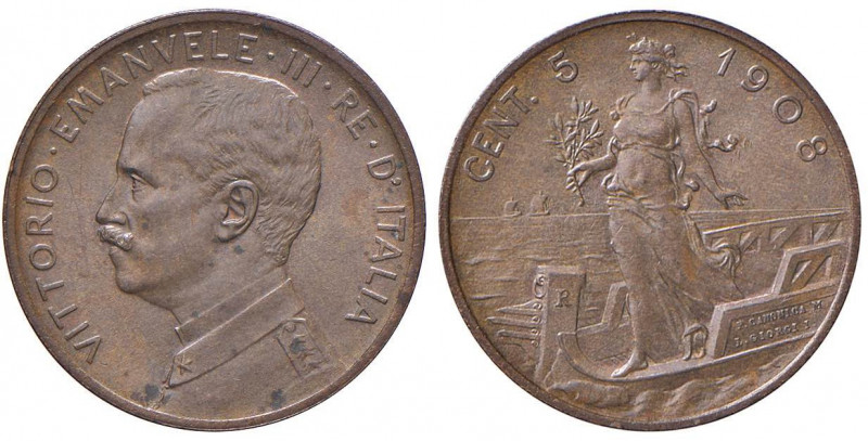 Vittorio Emanuele III (1900-1946) 5 Centesimi 1908 - Nomisma 1340 CU R Minimi gr...