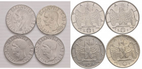 Vittorio Emanuele III (1900-1946) Lira 1936 (BB ma graffietti e piccole screpolature diffuse), 1939 XVII e XVIII, 1940 - AC Lotto di quattro monete
B...