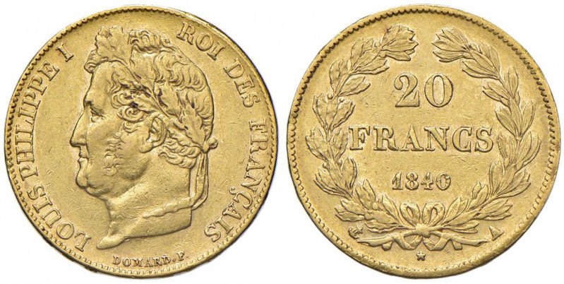 FRANCIA Luigi Filippo I (1830-1848) 20 Franchi 1840 A - Gad. 1031 AU (g 6,44)
B...