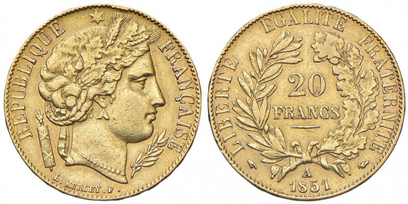 FRANCIA Seconda Repubblica (1848-1852) 20 Franchi 1851 A - Gad. 1059 AU (g 6,41)...