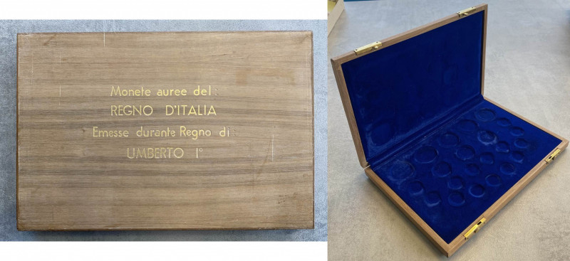 Cofanetto in legno con scritta: MONETE AUREE DEL REGNO D’ITALIA EMESSE DURANTE R...