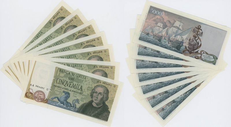 BANCONOTE Banca d’Italia 5.000 Lire 10/11/1977 lotto di sette biglietti in seque...