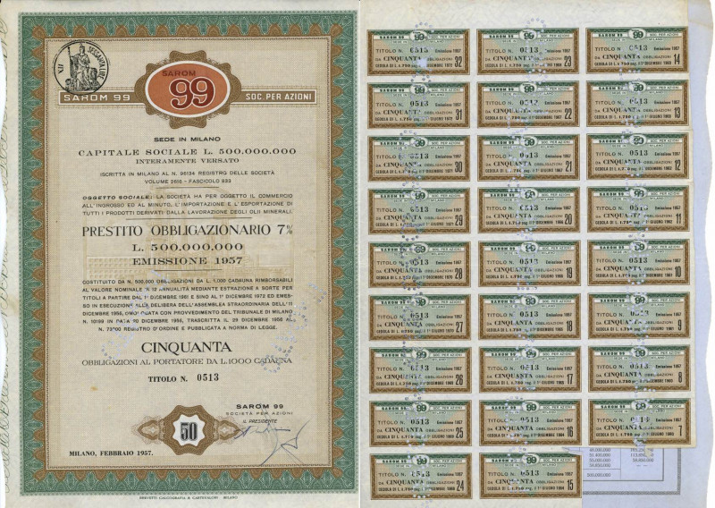 SAROM 99 Spa 7% - di lire 50.000 - Milano, febbraio 1957 - (obbl. n. 0513) corre...