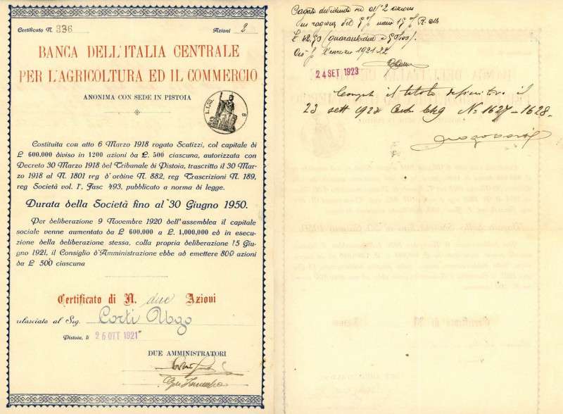 Banca dell’Italia centrale per l’agricoltura e il commercio - Pistoia 25/10/1921...