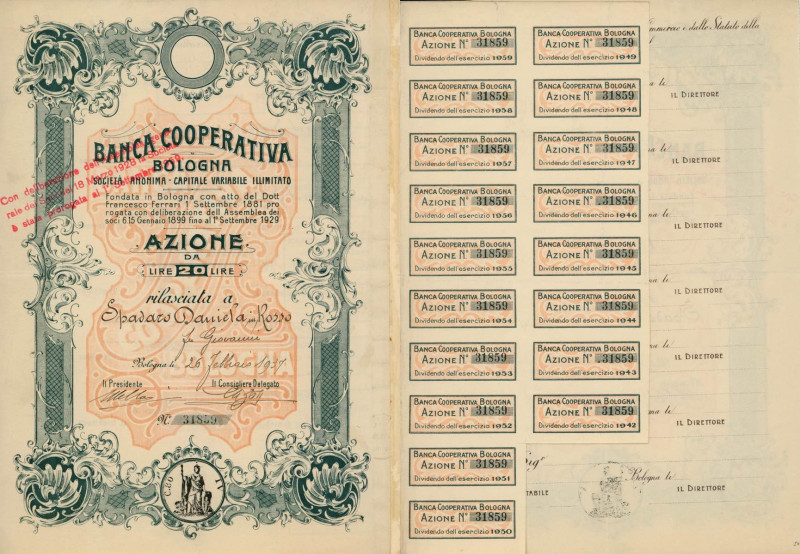 Banca Cooperativa di Bologna - Bologna 26 febbraio 1937 (azione n.31859) timbri ...