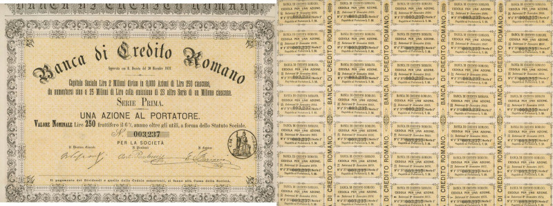 Banca di Credito Romano - 1871 (azione n.003237) timbro a secco, corredato di 35...