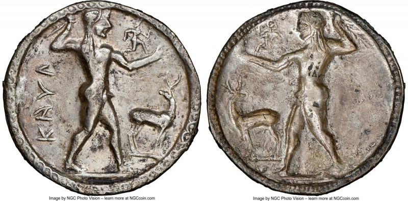 BRUTTIUM. Caulonia. Late 6th century BC. AR stater or nomos (30mm, 7.54 gm, 12h)...