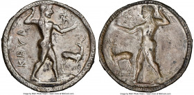 BRUTTIUM. Caulonia. Late 6th century BC. AR stater or nomos (30mm, 7.54 gm, 12h). NGC XF 5/5 - 2/5, scratches. KAVΛ, full-length figure of Apollo, nud...
