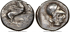 ACARNANIA. Leucas. Ca. 435-360 BC. AR stater (20mm, 11h). NGC Choice VF. Pegasus with long pointed wing flying right; Λ below / Head of Athena right, ...