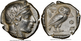 ATTICA. Athens. Ca. 455-440 BC. AR tetradrachm (24mm, 17.17 gm, 5h). NGC Choice AU 5/5 - 4/5. Early transitional issue. Head of Athena right, wearing ...