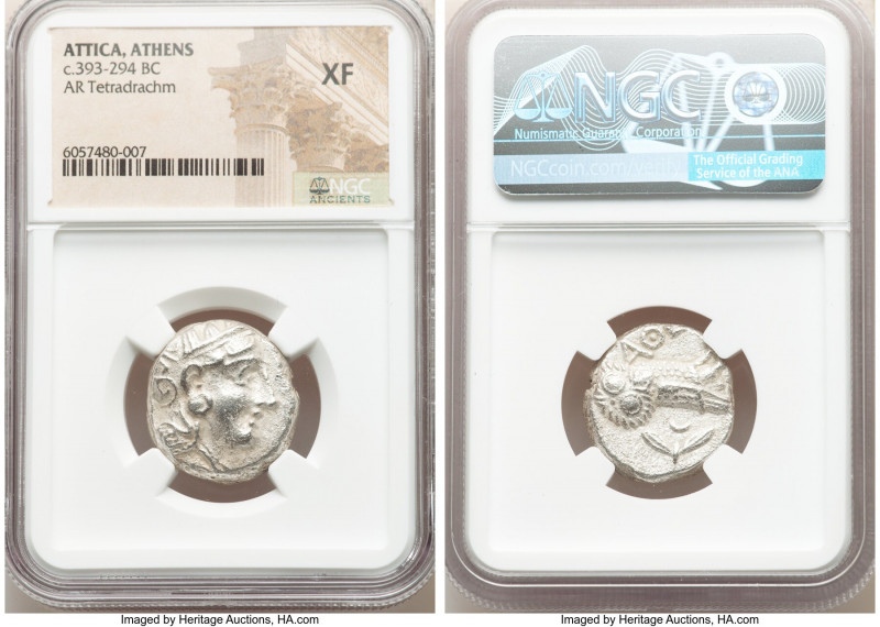 ATTICA. Athens. Ca. 393-294 BC. AR tetradrachm (22mm, 8h). NGC XF. Late mass coi...