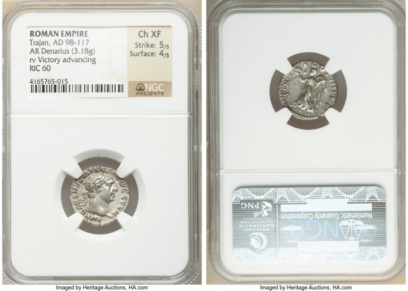 Trajan (AD 98-117). AR denarius (17mm, 3.18 gm, 7h). NGC Choice XF 5/5 - 4/5 Rom...