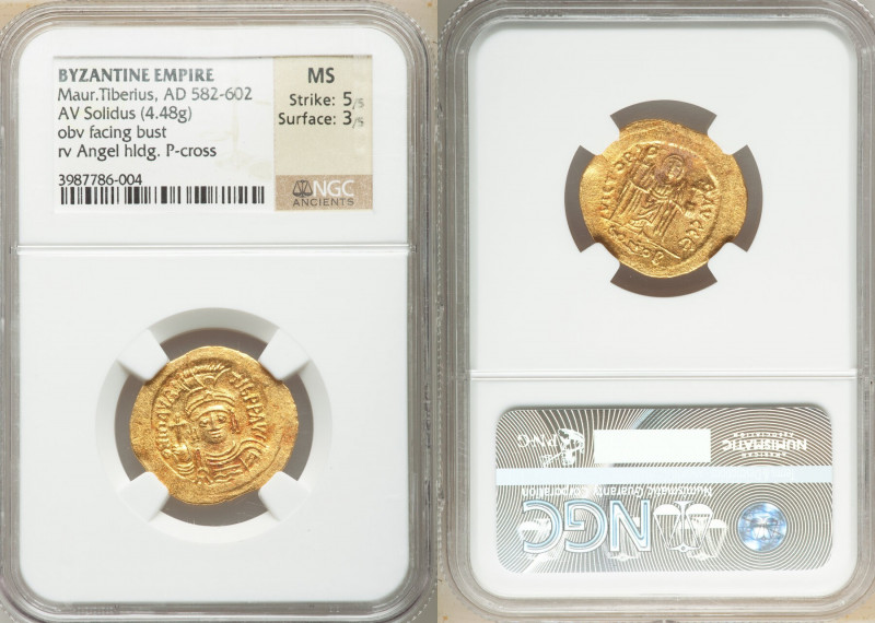 Maurice Tiberius (AD 582-602). AV solidus (23mm, 4.48 gm, 7h). NGC MS 5/5 - 3/5....