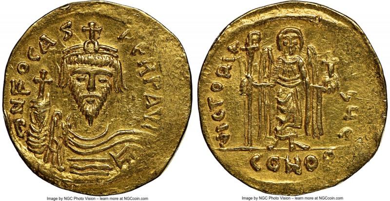 Phocas (AD 602-610). AV solidus (21mm, 4.36 gm, 6h). NGC AU 4/5 - 3/5, edge mark...