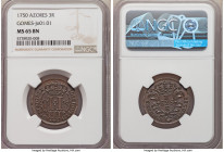 Portuguese Administration. Jose I 3 Reis 1750 MS65 Brown NGC, KM-A1, Gomes-Jo01.01. One year type. Two certified at this level, nothing higher. Cobalt...