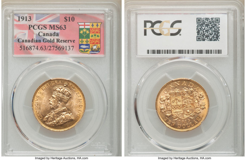 George V gold 10 Dollars 1913 MS63 PCGS, Ottawa mint, KM27. Canadian Gold Reserv...