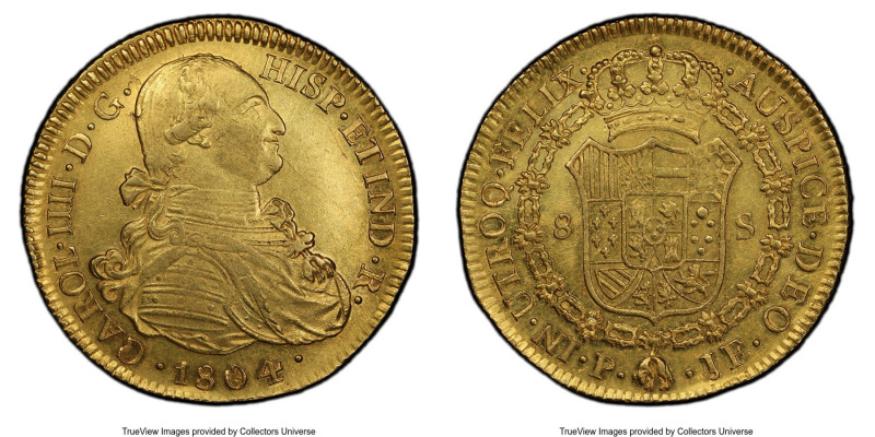 Charles IV gold 8 Escudos 1804 P-JF AU58 PCGS, Popayan mint, KM62.2, Restrepo-98...