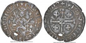 Cyprus. Janus Gros ND (1398-1432) XF Details (Holed) NGC, CCS-115. 27mm. King enthroned facing with scepter and orb / Large cross with smaller cross i...