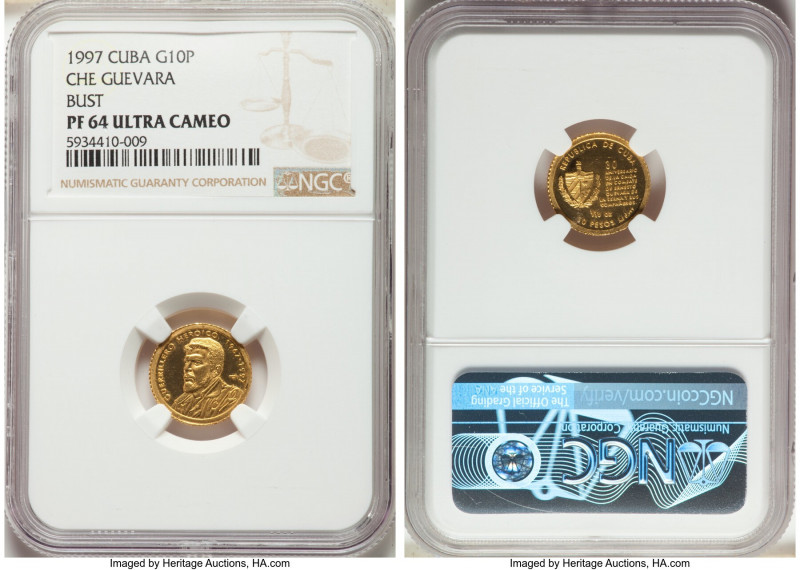 Republic gold Proof 10 Pesos 1997 PR64 Ultra Cameo NGC, Havana mint, KM748. Mint...