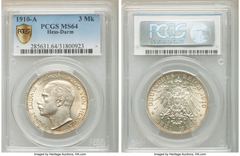 Hesse-Darmstadt. Ernst Ludwig 3 Mark 1910-A MS64 PCGS, Berlin mint, KM375. Lustr...