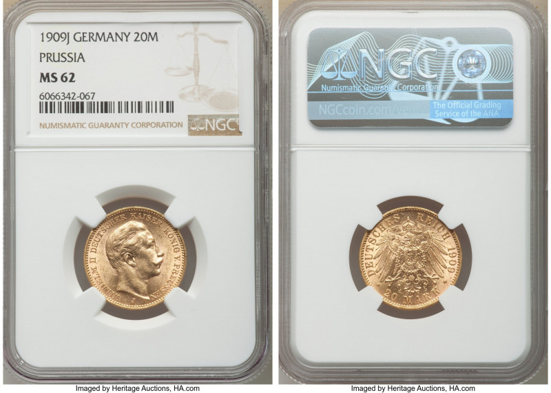 Prussia. Wilhelm II gold 20 Mark 1909-J MS62 NGC, Hamburg mint, KM521. Butter-go...