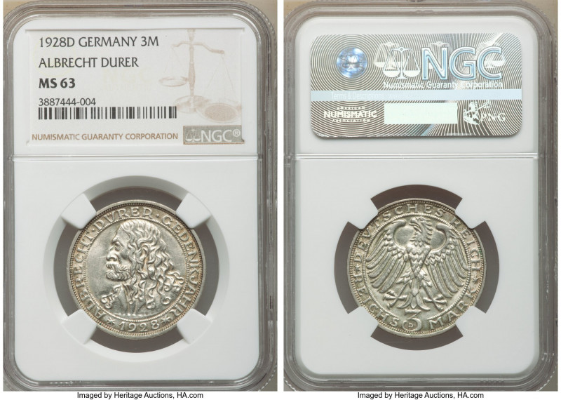 Weimar Republic "Dürer" 3 Mark 1928-D MS63 NGC, Munich mint, KM58, J-332. Commem...