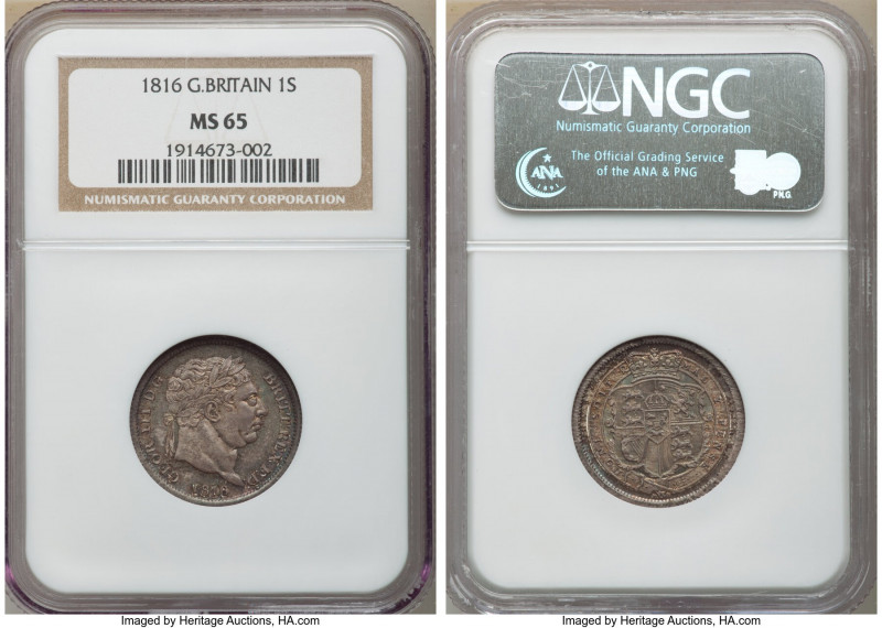 George III Shilling 1816 MS65 NGC, KM666, S-3790. Gunmetal gray with rose and si...