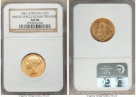 Victoria gold "Broad Shield" Sovereign 1843 AU50 NGC, KM736.1, S-3852. Recovered from the Douro Shipwreck, which sank in a collision off the coast of ...