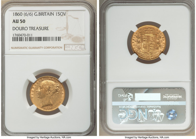 Victoria gold "6/6" Sovereign 1860 AU50 NGC, KM736.1, S-3852. Recovered from the...