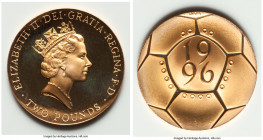 Elizabeth II gold Proof 2 Pounds 1996, KM973b. Mintage: 2,098. 10th European football (soccer) championship commemorative. Includes box of issue witho...