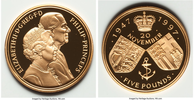 Elizabeth II gold Proof "Royal Wedding Anniversary" 5 Pounds 1997, KM977b, Fr-45...
