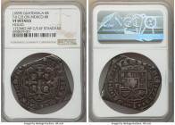 Central American Republic Counterstamped 8 Reales ND (1839) VF Details (Holed) NGC, KM107. Type II Counterstamp (XF Standard) of sun and volcanos on M...