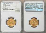 Venice. Michael Steno gold Ducat (1400-1413) MS64 NGC, Fr-1230. 3.54gm. MIChAЄL • STЄN' | • S | • M | • V | Є | N | Є | T | I, Doge kneeling before St...