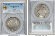 Republic 4 Reales 1855 Mo-GF/GC AU58 PCGS, Mexico City mint, KM375.6. Underlying reflective fields sheathed in granite-gray and champagne tone. 

HI...