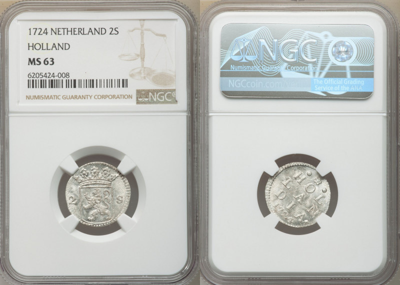 Holland. Provincial 2 Stuivers 1724 MS63 NGC, KM48. Frosted grainy surface. 

...