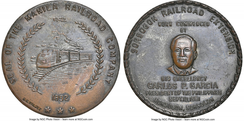 "Sorsogon Railroad" bronze Medal 1961-Dated MS61 Brown NGC, Honeycutt-546. 45mm....